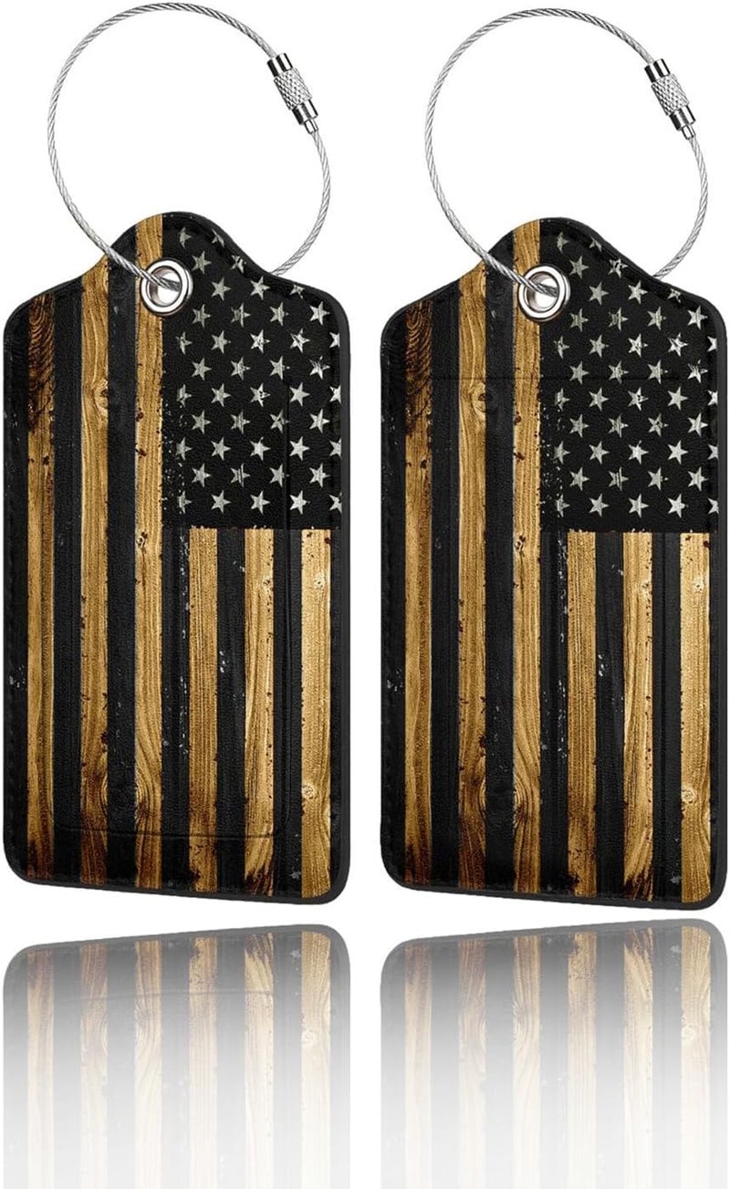 GACCAP 2 Pack Luggage Tags for Suitcase, Privacy Cover ID Label with Stainless Steel and Address Card for Travel Bag Backpack Cruise Ship Essentials Tag Women Men - Wood American Flag - Image 1